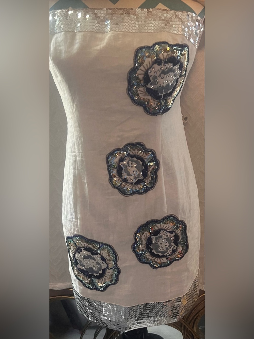 Vintage INC White Linen Strapless Sequin Flower Mini Dress Size 4